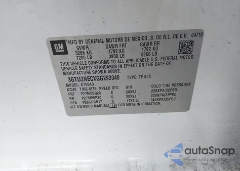 2016 GMC Sierra 1500 Slt из США, поврежденный, VIN 3GTU2NECXGG293049